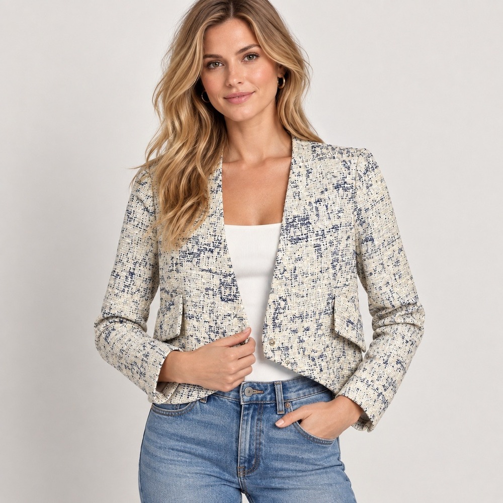 Derek Lam 10 Crosby Tweed Blazer Women 8 Blue Boucle Cropped Asymmetrical Jacket